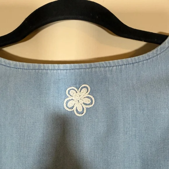 Go Softly Patio House Dress Duster MuMu 1X Floral Embroidered Chambray Denim - Picture 8 of 9